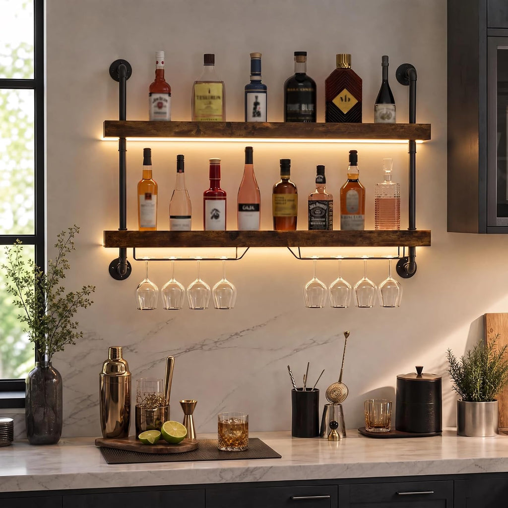 2-Tier Wall Mounted Wine Rack with LED Lights,47.2" W | Bar Shelves Wall Mounted,Hanging Liquor & Wine Glass Rack