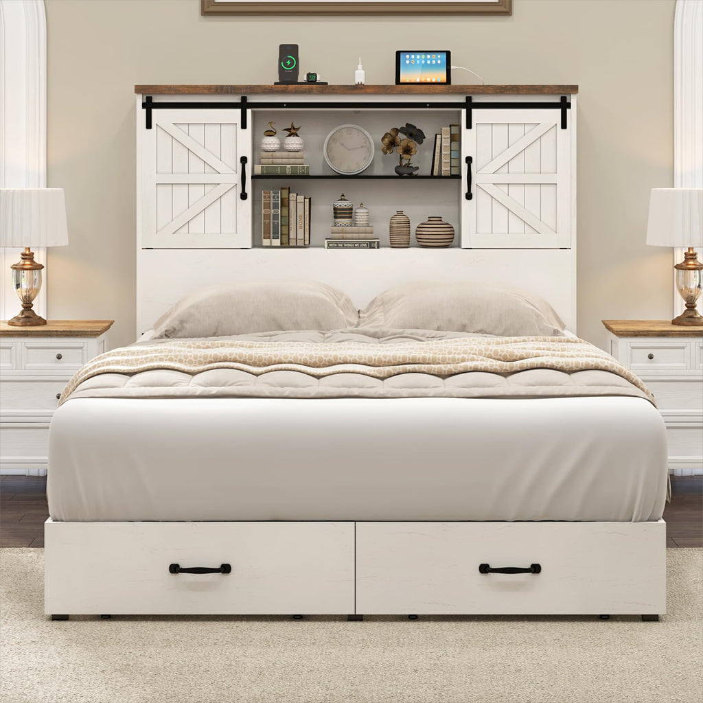 Farmhouse Bed Frame with 51.2" Bookcase Headboard, Wooden Platform Bed with 2 Drawers, Sliding Barn Door