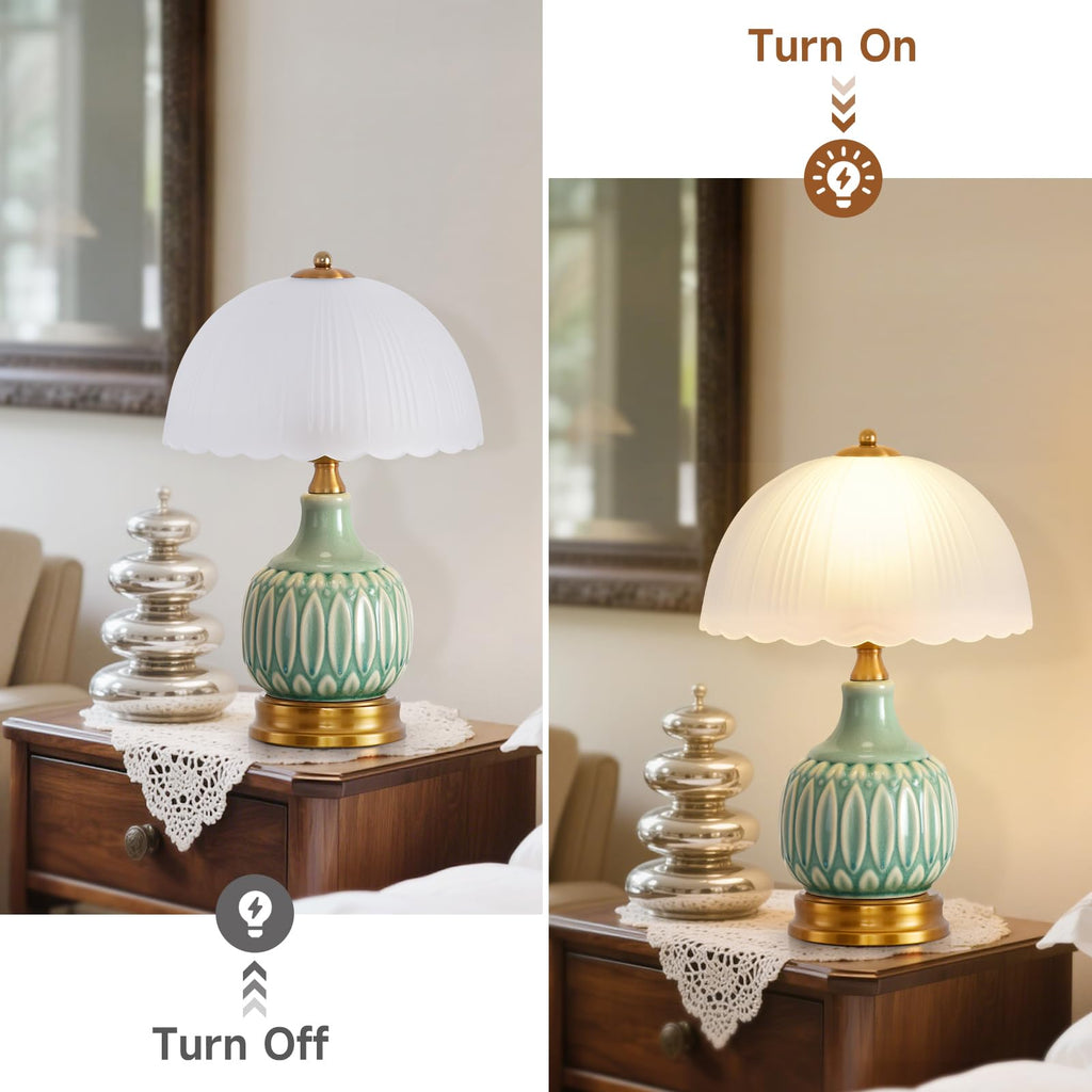 Table Lamps Ceramic Retro Lamp, 15." Modern Bedside Nightstand Traditional Lamps, Classic Chinoiserie Green Glass