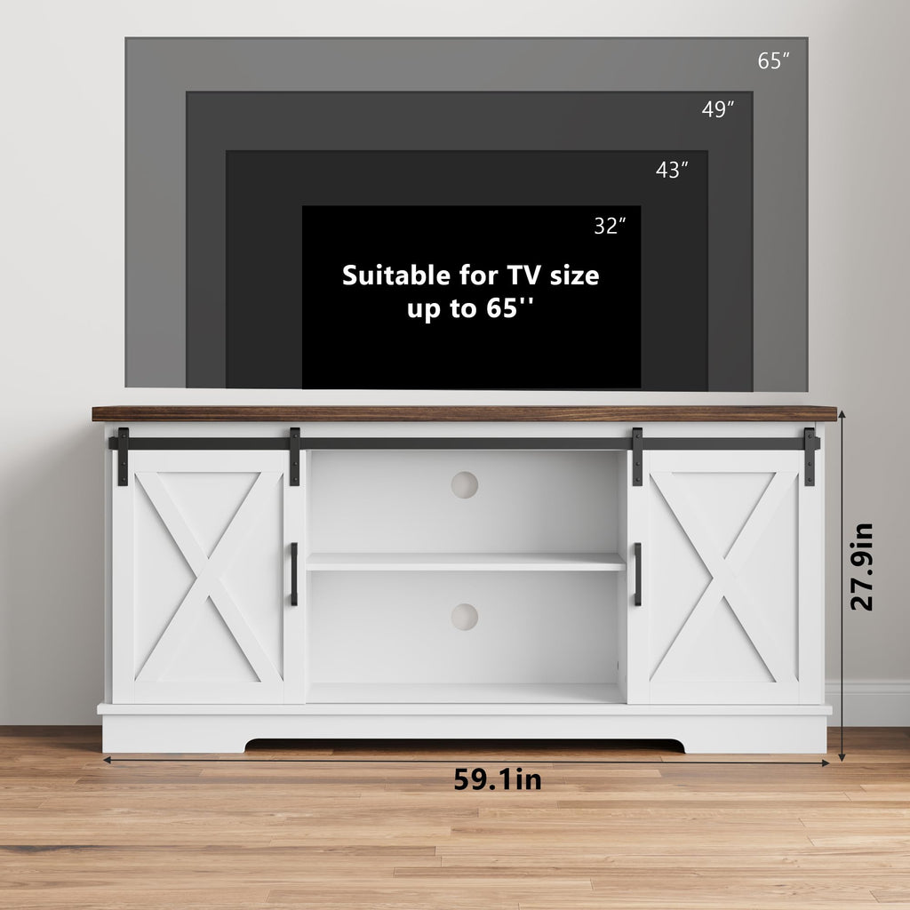 Farmhouse Tv Stand for 65 inch TVs, Entertainment Center with Sliding Barn Doors and Adjustable Shelf, Modern Storage