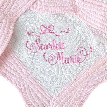 Personalized Baby Blanket Quilt with Name, Custom Embroidered Monogrammed and Bow Nursery Blankets Heirloom Quilt