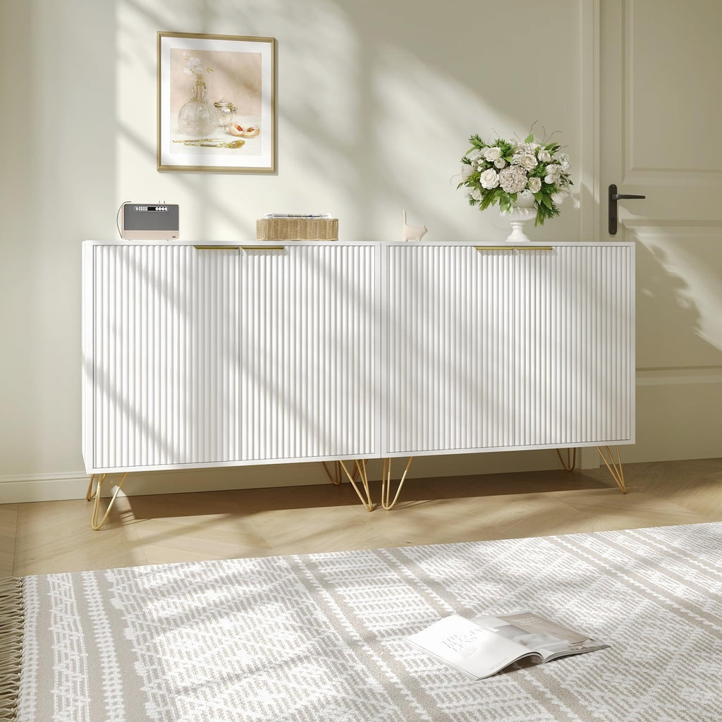 Storage Cabinet with 2 Fluted Doors and Adjustable Shelves, White, 2pcs丨Modern Wood Accent Table, Sideboard Buffet