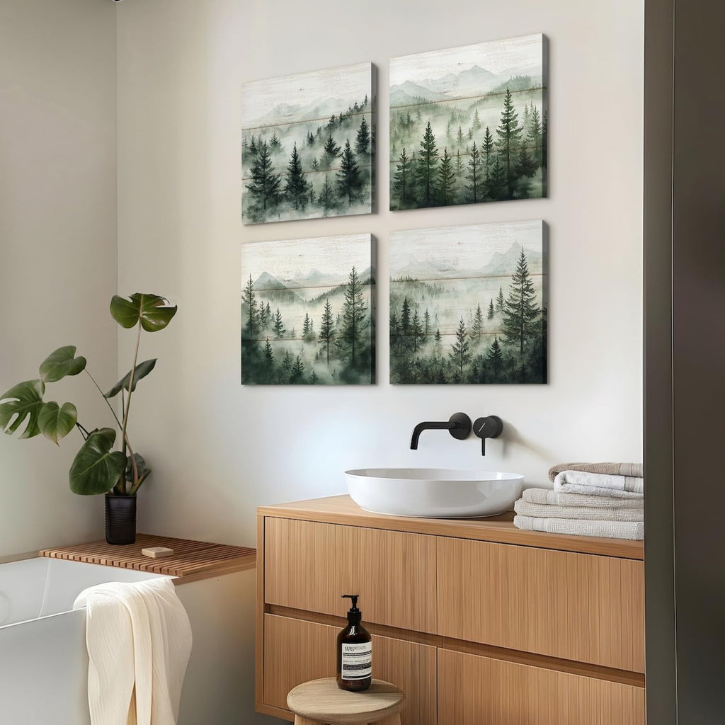 Green Forest Wall Art Nature Foggy Mountains Landscape Pictures Misty Forest Bathroom Decor Pine Tree Wall Art