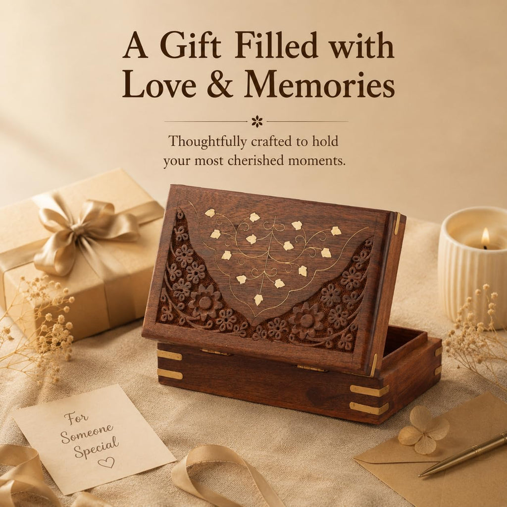 Wooden Jewellery Box Brass Inlay Hand Carved Keepsake Chest 8x5