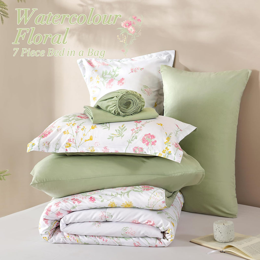 7 Piece Pink Green Floral Comforter Set, Cute Botanical Comforters Lightweight Coquette Bedding Set Flower