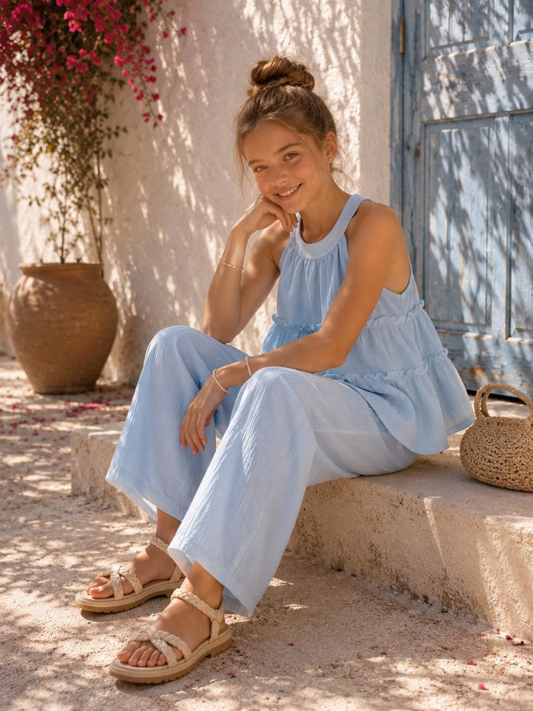 Teen Girls Clothes Ruffle Sleeveless Tank Top and Wide Leg Pants 2 Piece School Outfit Set