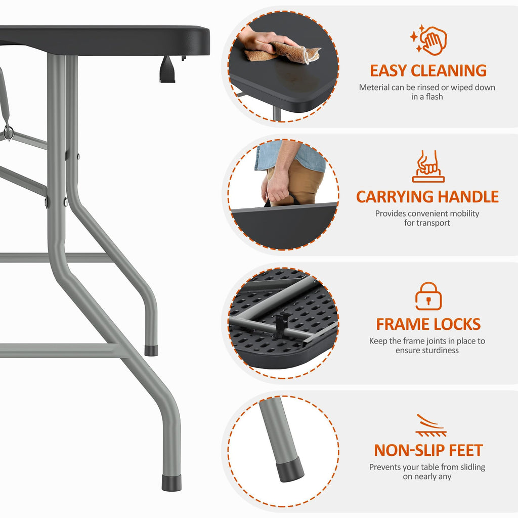 8 Foot Folding Table 350 LBS Heavy Duty, 18% Thicker HDPE Waterproof Top, Portable Fold in Half with Carry Handle and