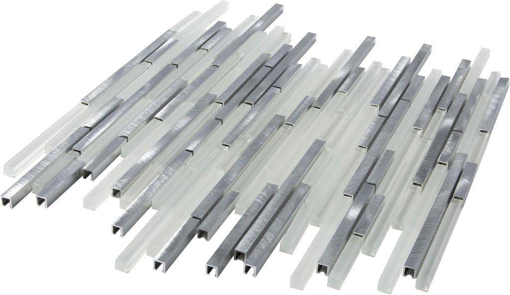 Linear Mosaic Glass & Metal Tile White & Silver 11.8x11.8 4.83 sq ft 5pk | Mesh-backed sheets. Kitchen backsplash
