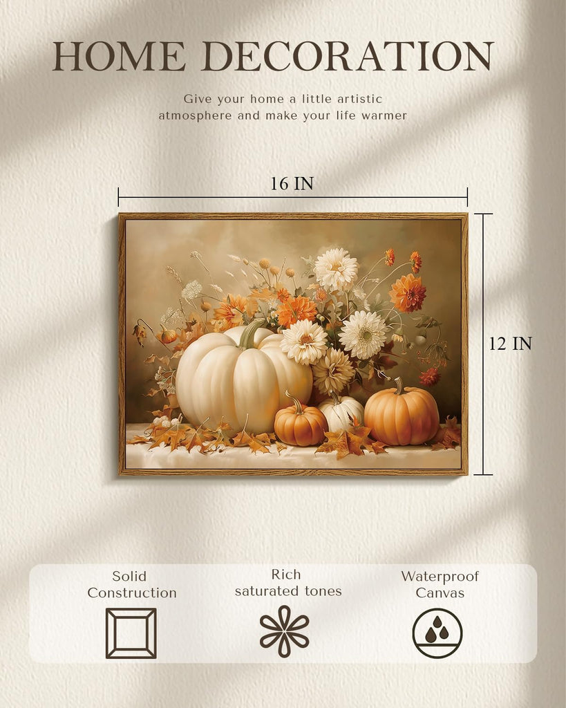 Vintage Thanksgiving Canvas Print White Orange Pumpkins Autumn Floral Leaves, Rustic Framed Fall Pumpkin Flower Still