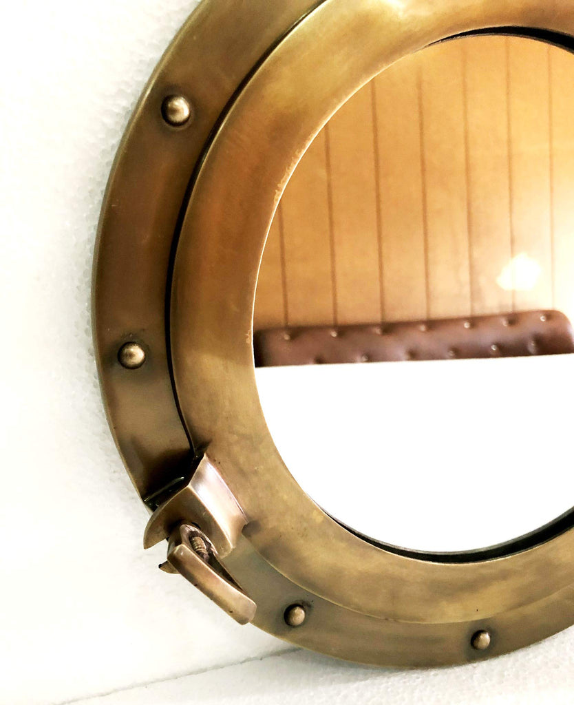 12" Antique Brown Finish Canal Boat Porthole-Window Ship Round Mirror Wall Home Decor