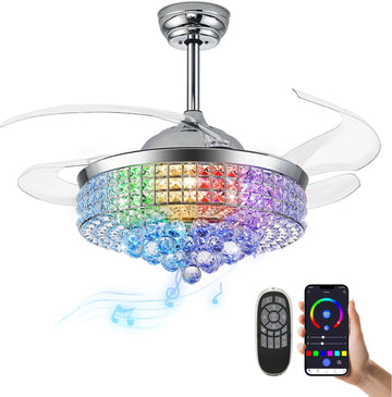 36" Bluetooth Ceiling Fan with Light and Speaker,RGB Retractable Blades Crystal Fandelier Music Player LED Chandelier