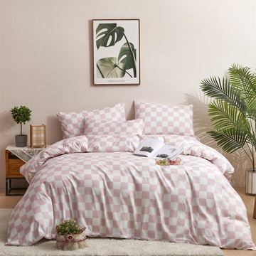 White and Pink Duvet Cover Plaid Checkerboard Bedding Set - Elegant Light Pink Grid Buffalo Checkered Comforter