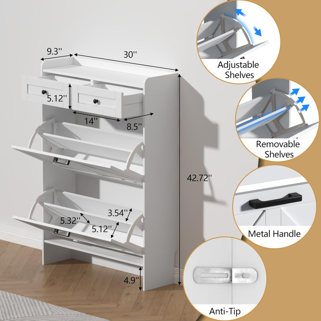 White Shoe Cabinet with 2 Flip Drawers & 2 Storage Drawers, Rustic Farmhouse Narrow Shoe Organizer Cabinet, Slim Shoe