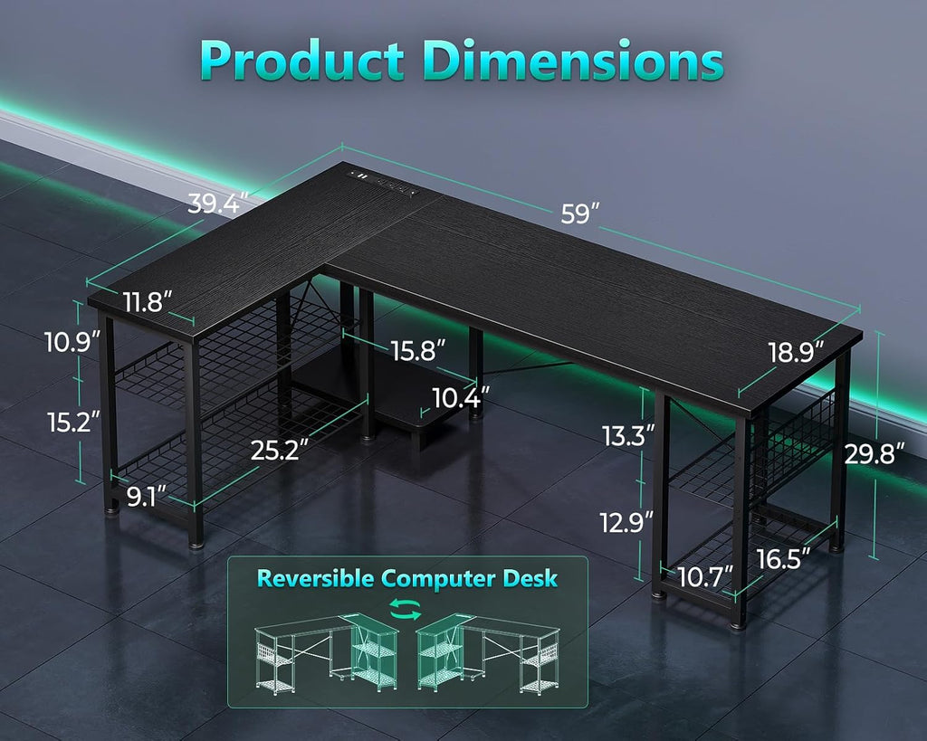 59 Inch L Shaped Gaming Desk with Shelves & Power Outlets | Black Reversible Computer Desk with Storage Shelves