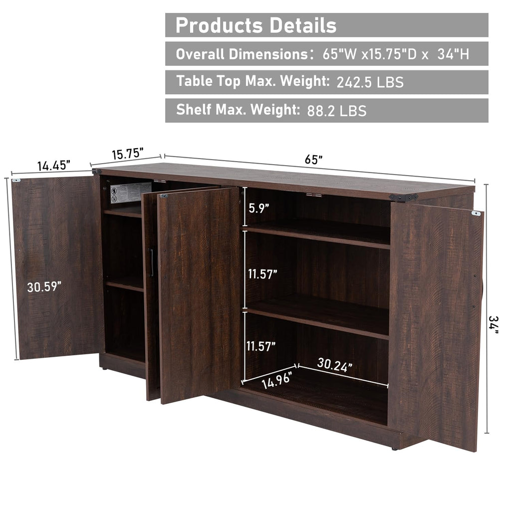 Sideboard Buffet Cabinet with Storage - 65'' Large Farmhouse Buffet Table Coffee Bar Cabinets, Modern Accent Cabinet
