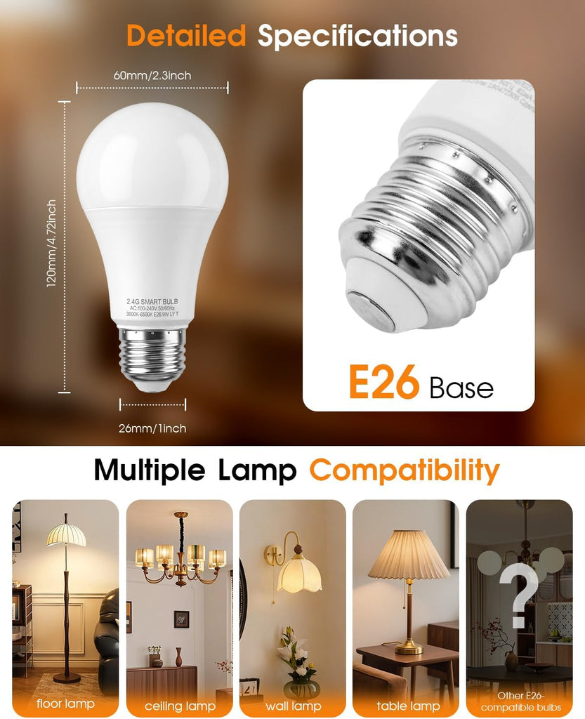A19 Smart LED Light Bulb with App Control & Remote, Bluetooth, 3 Color Temperatures (3000K/4500K/6500K), 5%-100%