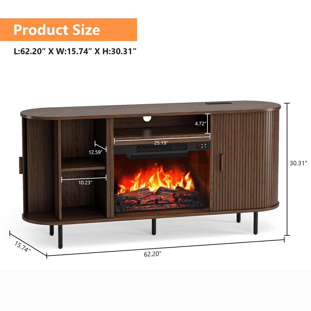 63" Fluted Fireplace TV Stand with 23" Electric Fireplace, Walnut