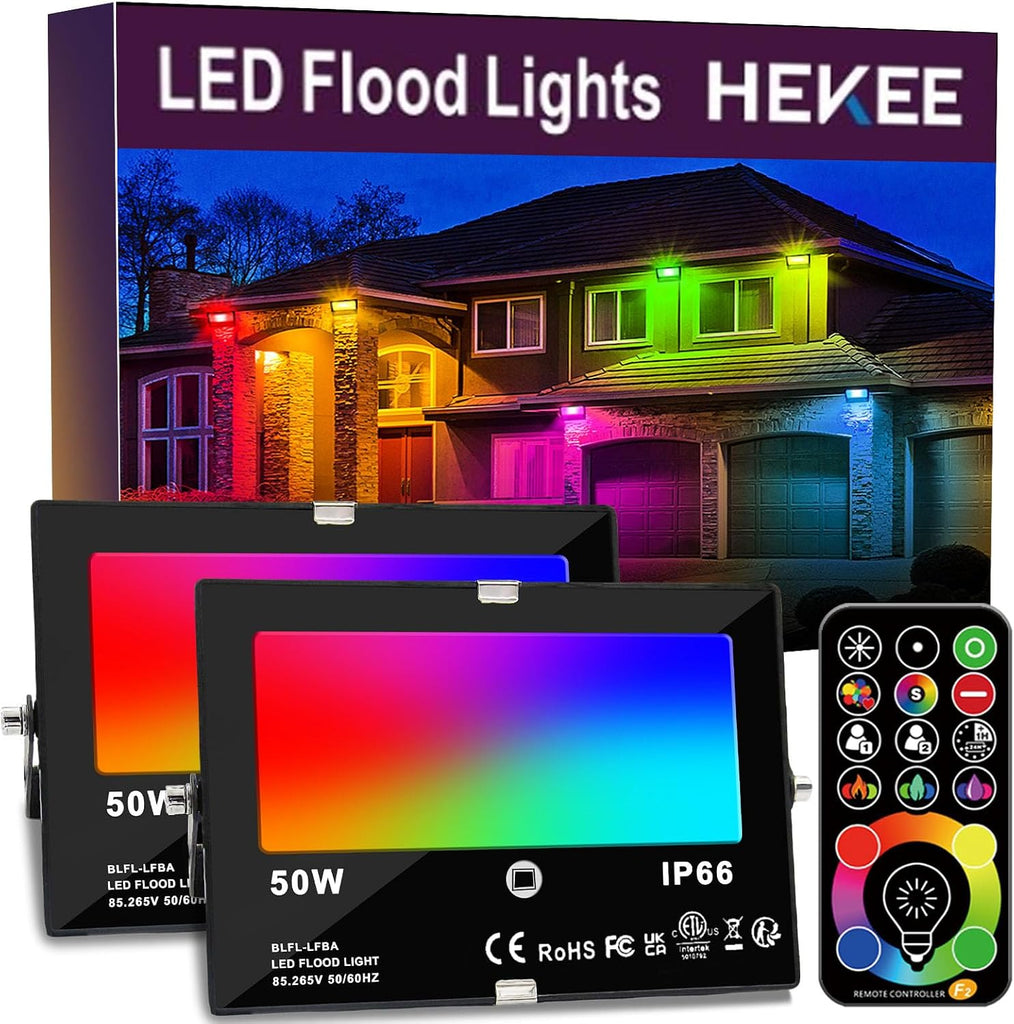 LED Flood Light Outdoor, 50W RGB Color Changing Floodlight with Remote Control, RGBW 120 Colors, 2700K, 5000 Lumens