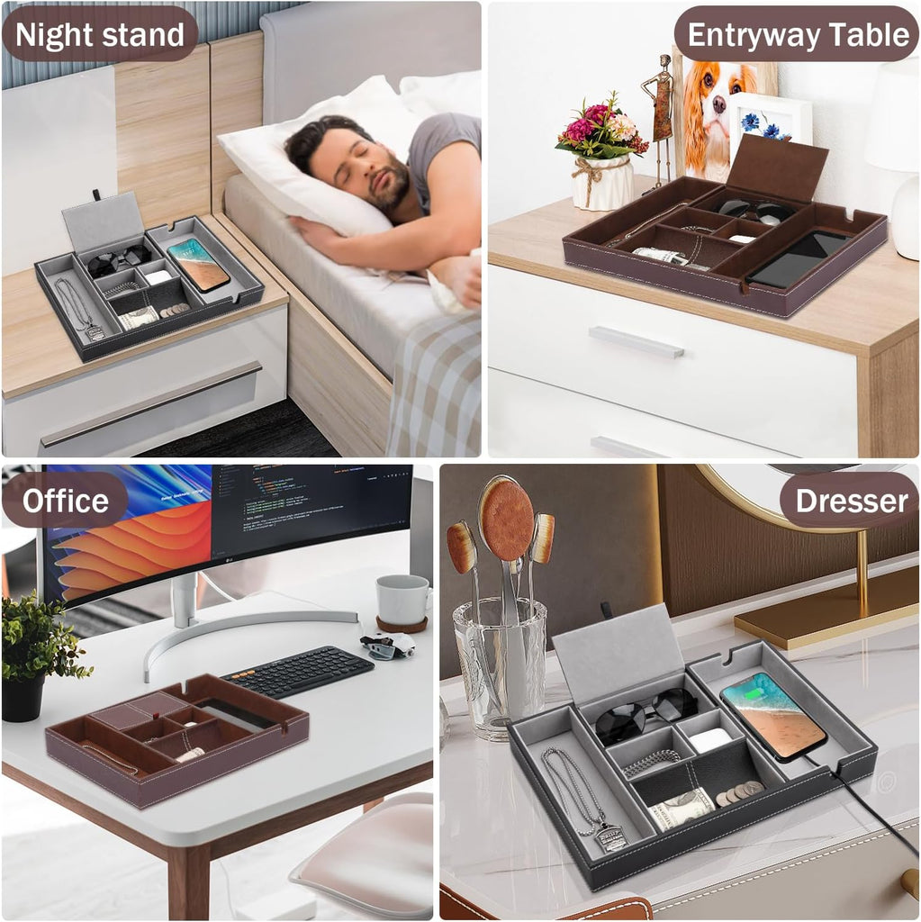 Mens Nightstand Organizer, Leather Valet Tray for Men, EDC Catchall Tray with Phone Charging Station, Dresser Top