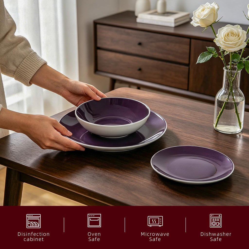 Stoneware Coupe Shape 18pc Dinnerware Set, Outside White + Inside Violet