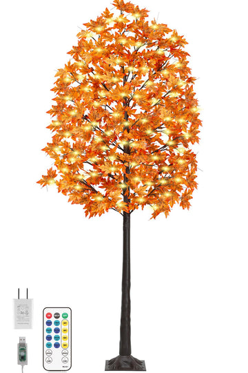 8FT 210 LED Lighted Maple Tree - Thanksgiving Decor Artificial Fall Tree with 21 Branches, 21 Acorns 420 Leaves