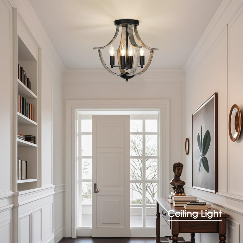 Farmhouse Hanging Pendant Lighting, 4-Light Rustic Flush Mount Ceiling Light Fixture, Modern Faux Wood Vintage