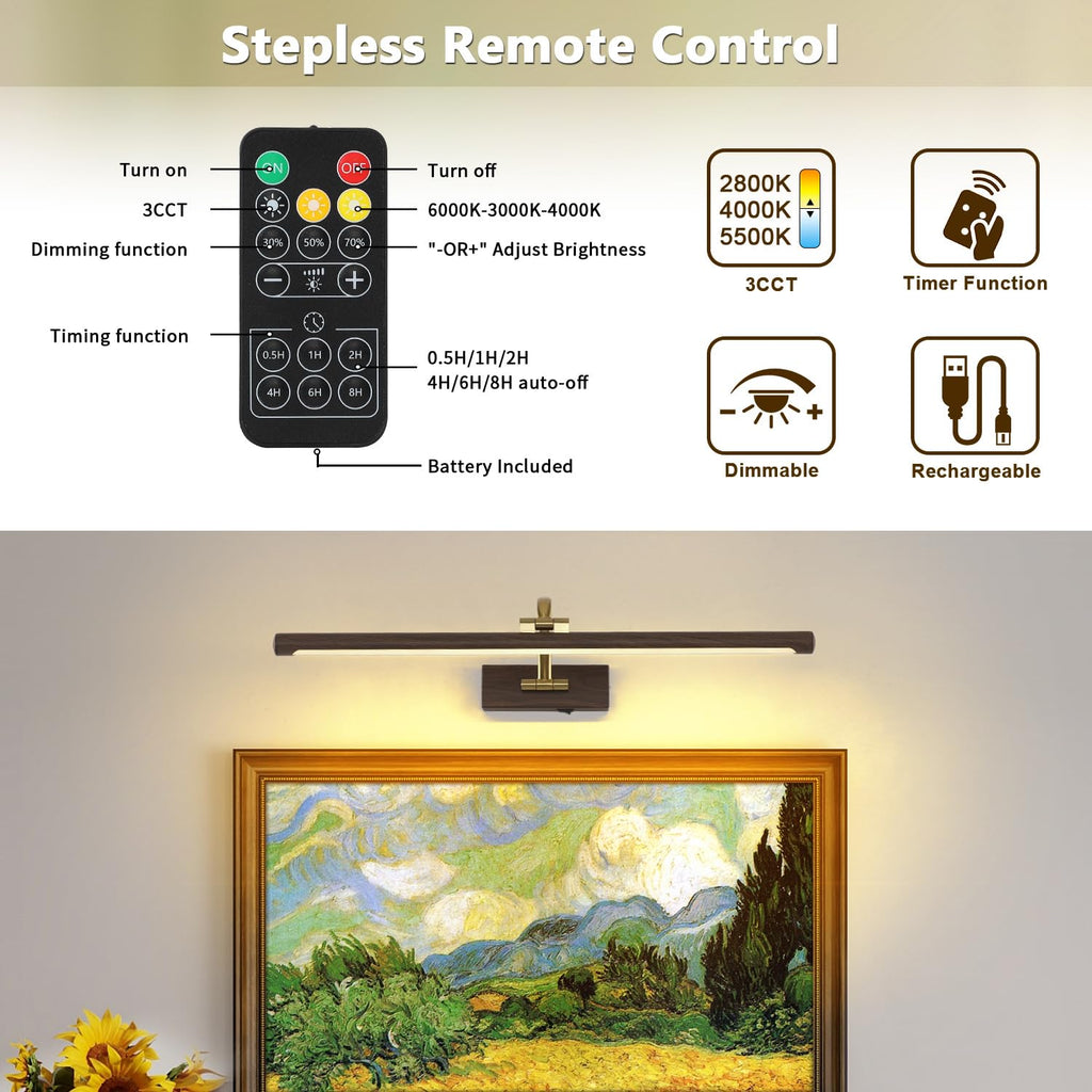 Wireless Picture Light, Wood Grain Finish Rechargeable Art Light