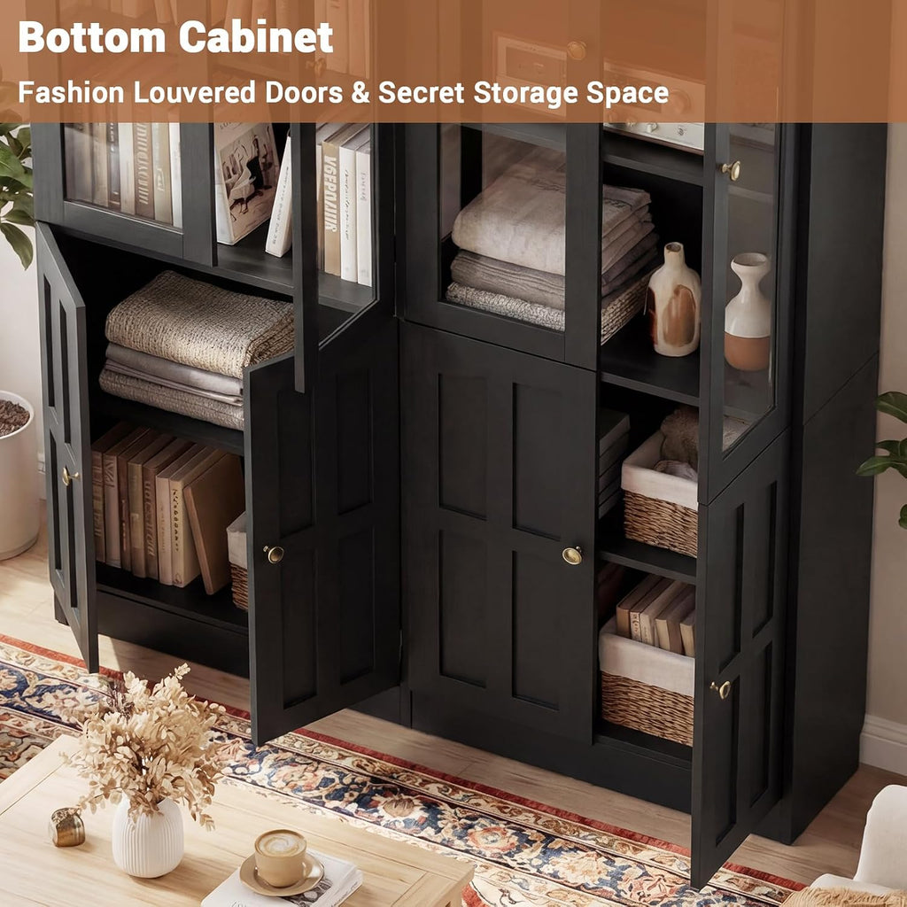 80" Bookshelf with Glass Doors and Adjustable Shelves, Set of 2 | Farmhouse Bookcase with Baseboard Cutout and