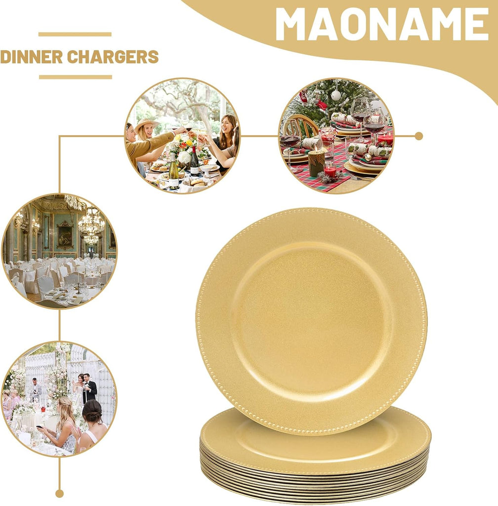 Gold Charger Plates, Round Plate Chargers with Beaded Rim - Set of 12