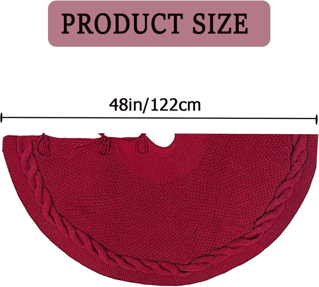 48 Inch Knitted Christmas Tree Skirt, Maroon Burgundy Red Versatile Holiday Decoration for Living Rooms, Weddings