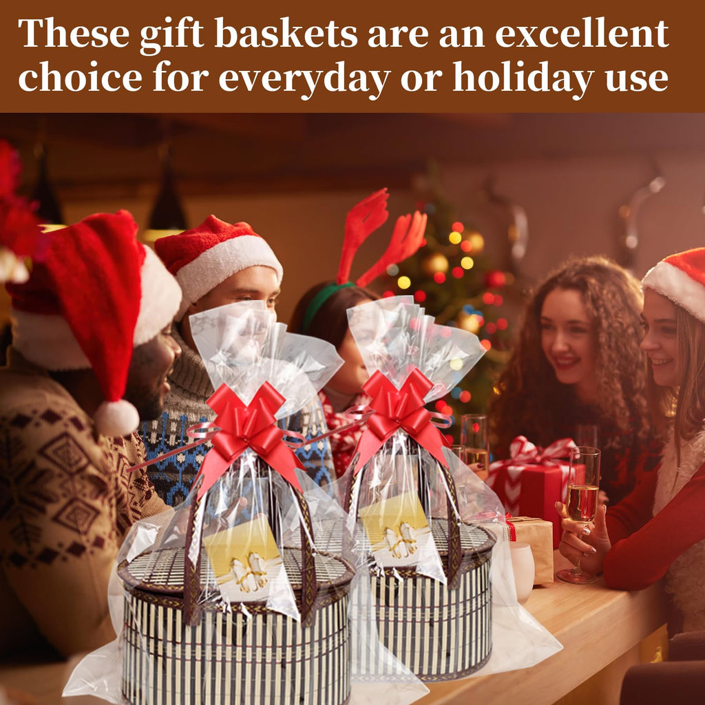 8 Set Baskets for Gifts Large Empty Woven Bamboo Gift Basket Bulk Kit with Handles and Clear Cellophane Wrap, for