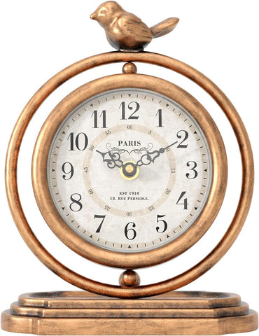 Gold Vintage Table Clock with Bird, European Retro Style Mantel Clocks, Desk and Shelf Decor Clock, for Living Room