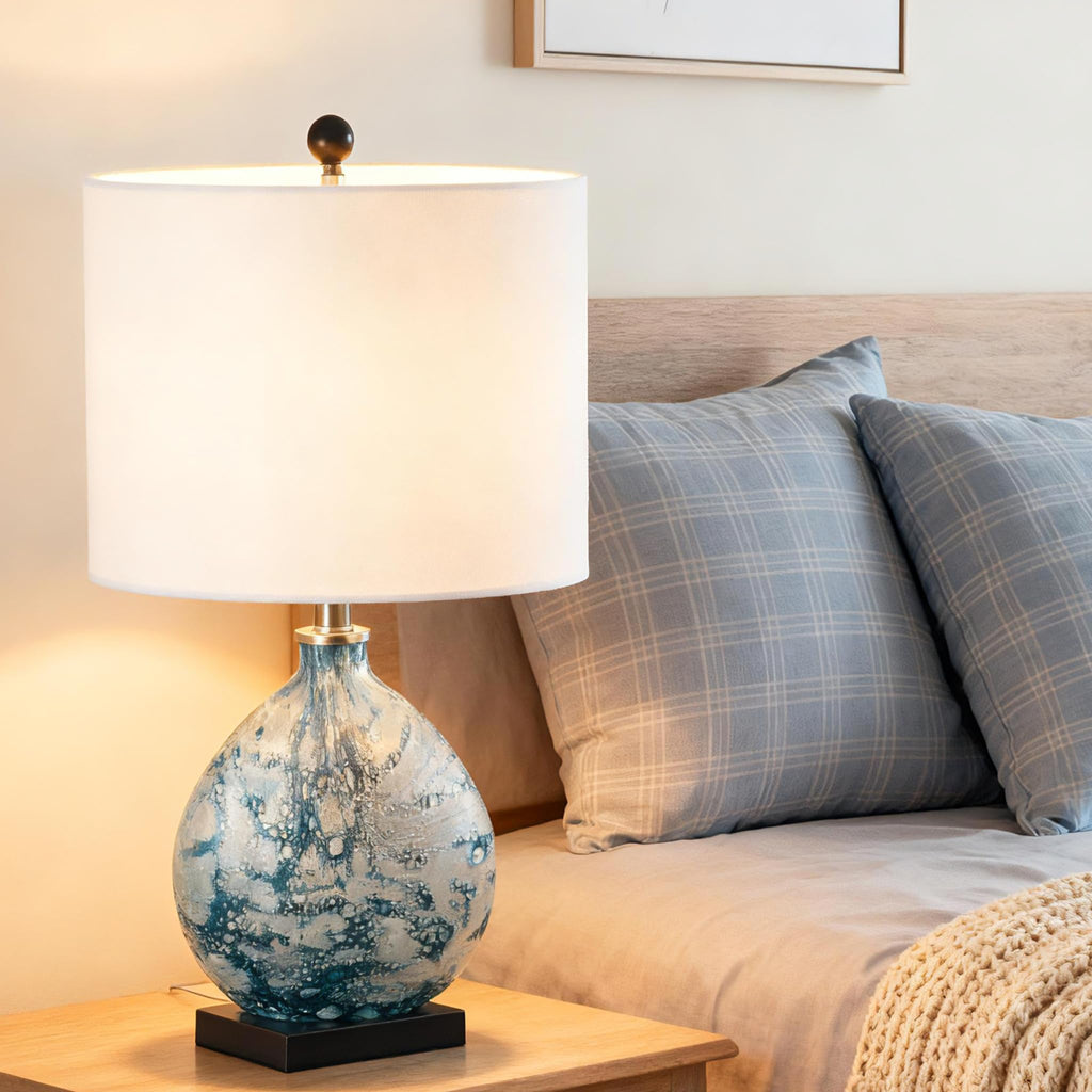 24" Coastal Glass Table Lamp, 3-Way Dimmable Blue Glass Bedside Lamp with White Drum Shade Bedroom Nightstand