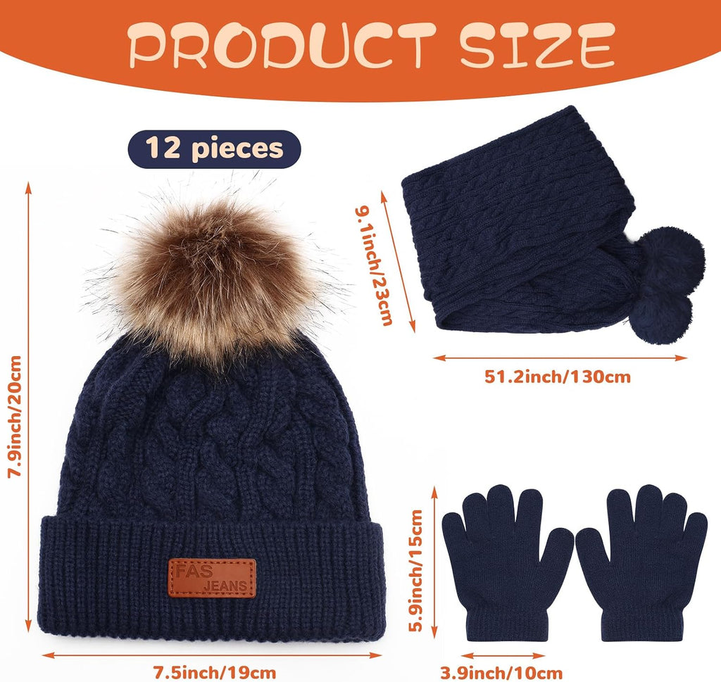 12 Pcs Kids Winter Knitted Kids Winter Beanie Hat Scarf Gloves Set, Warm Boy Girl Pom Hat Scarf Gloves for 5-12 Years