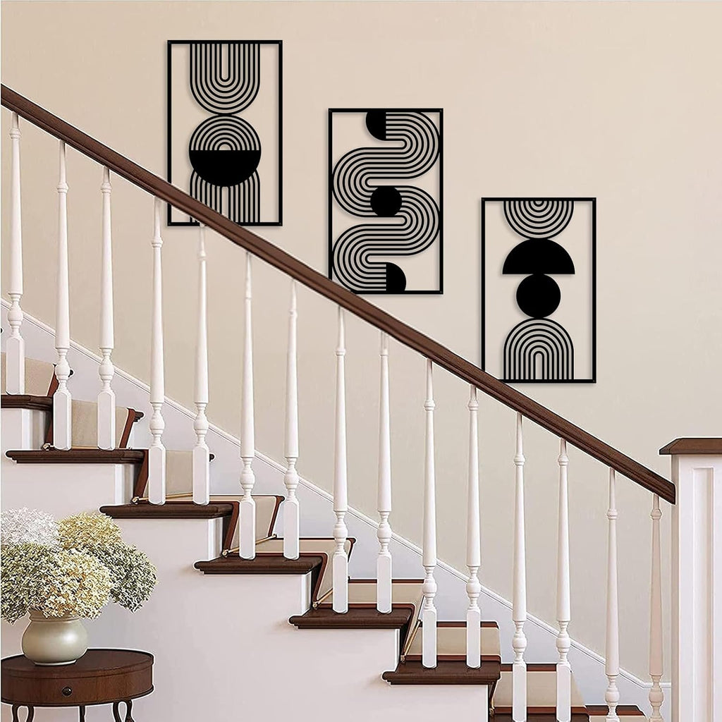 Abstract Metal Wall Art Black Bathroom Wall Decor Mid Century Modern Wall Art Bedroom Bathroom (17x9.8in) - Set of 3