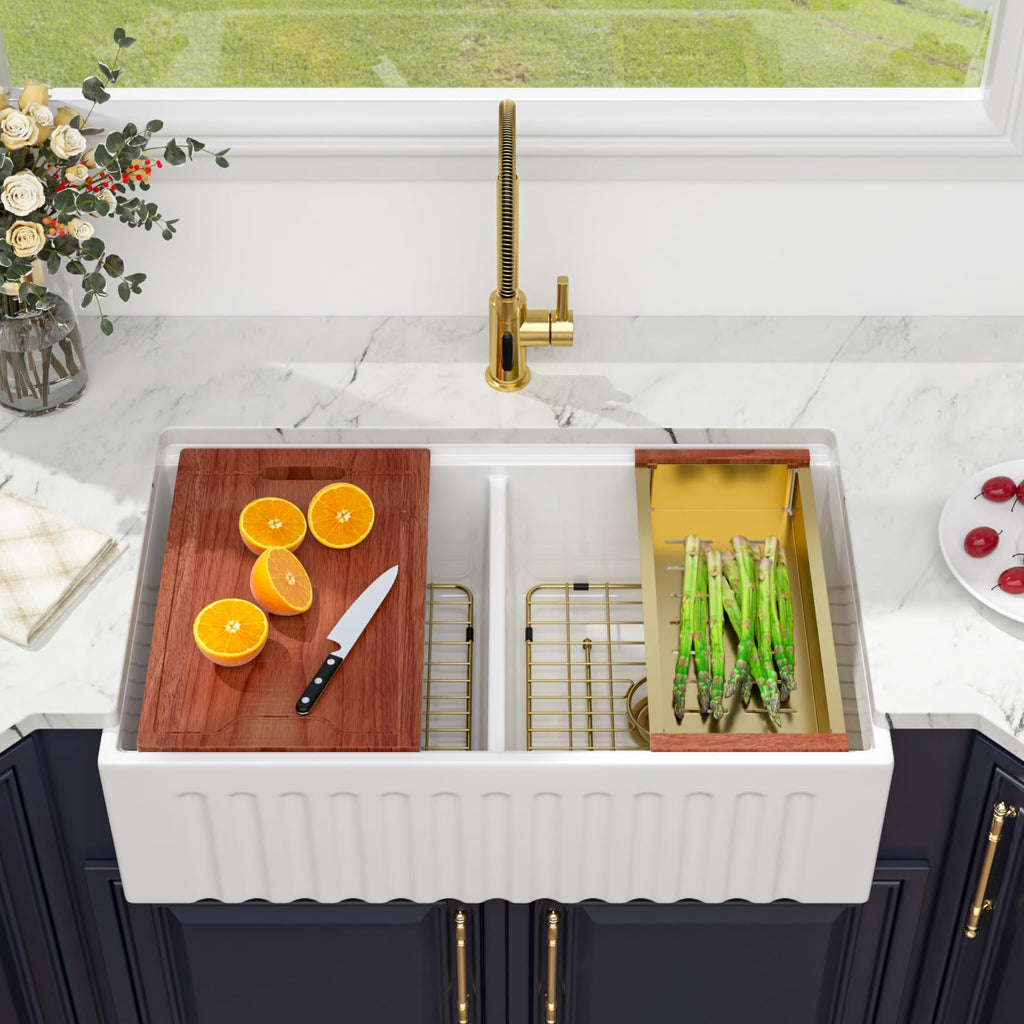 33 White Farmhouse Kitchen Sink Double Bowl Reversible Apron Front