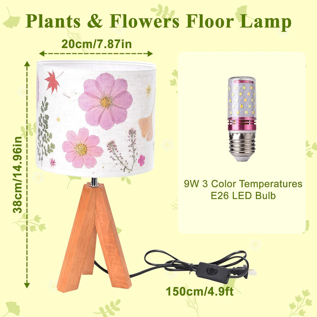 Dried Flowers Tripod Table Lamp 14.96in, 9W LED Color Cute Bedside Lamp with Flowers Linen Lampshade, Kid Room