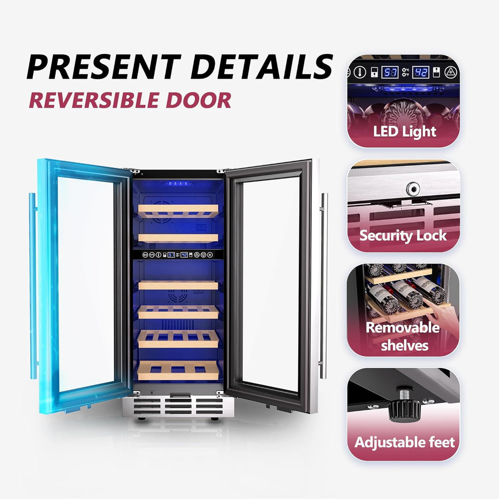 15 Inch Dual Zone Wine Fridge, 30 Bottles Under Counter Wine Cooler Refrigerator