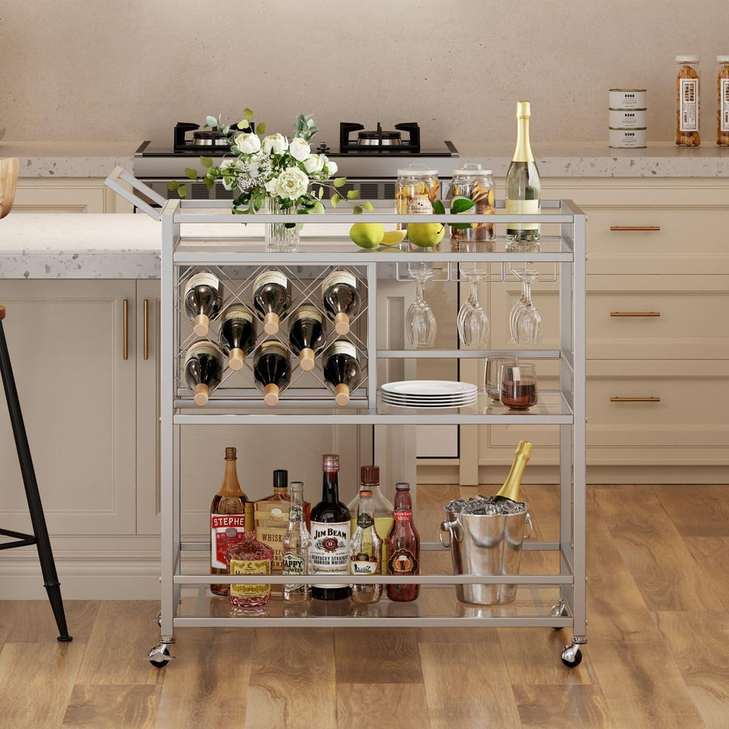 Bar Cart Silver, Bar Carts for The Home, Home Bar Serving Carts for Liquor, Rolling Wine Cart with 3 Tier Mirrored