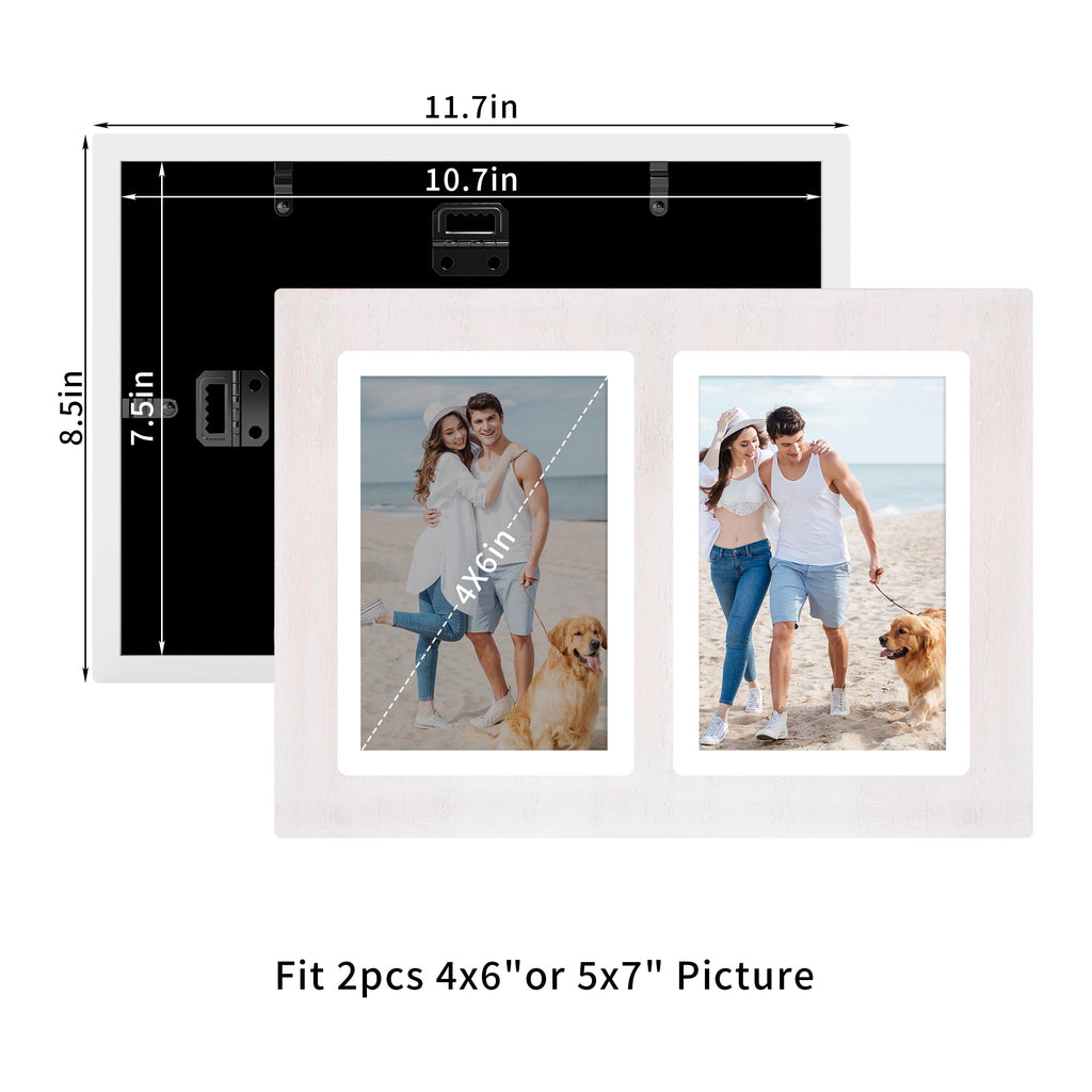 5x7 Collage Picture Frames, 5 x 7 Double Picture Frame Rustic White 2 Opening 5 by 7 Photo Frames with Tempered Glass