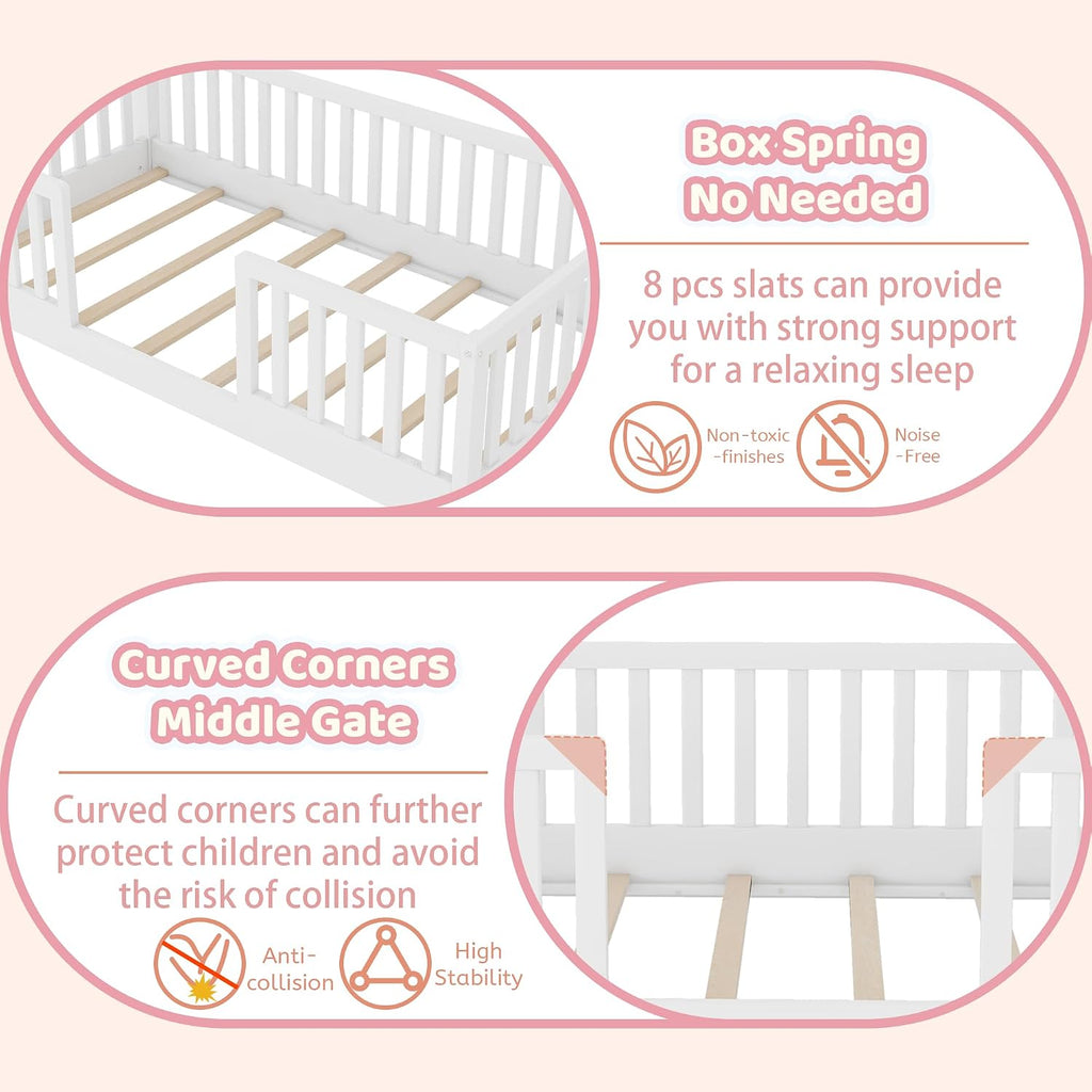 Montessori House Floor Bed with High Rails and LED Light, White