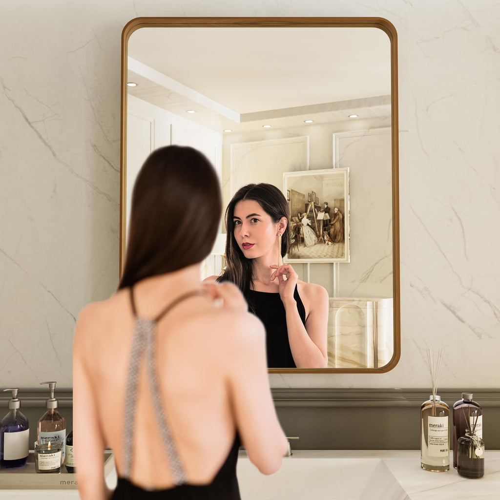 24X32 Inch Bathroom Mirror with Wood Grain Colored Metal Frame, Rounded Rectangle Metal Framed Bathroom Mirror