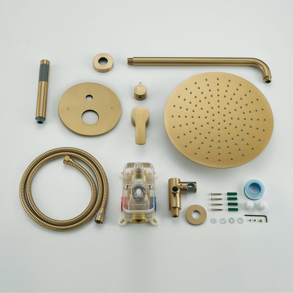 Brushed Gold Shower System Wall Mounted Shower Faucet Mixer Set with 12 Inches Rain Shower head and Handheld
