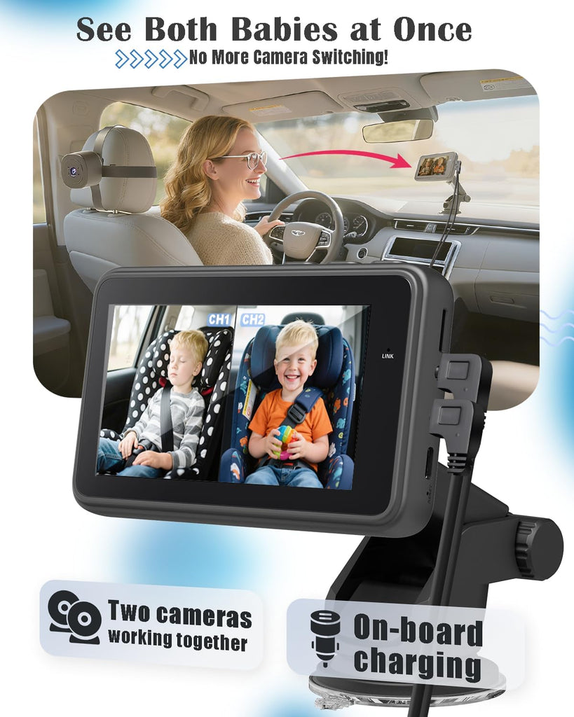 Car Camera for 2 Kids, 4.3" Split Screen Dual Channel Monitor