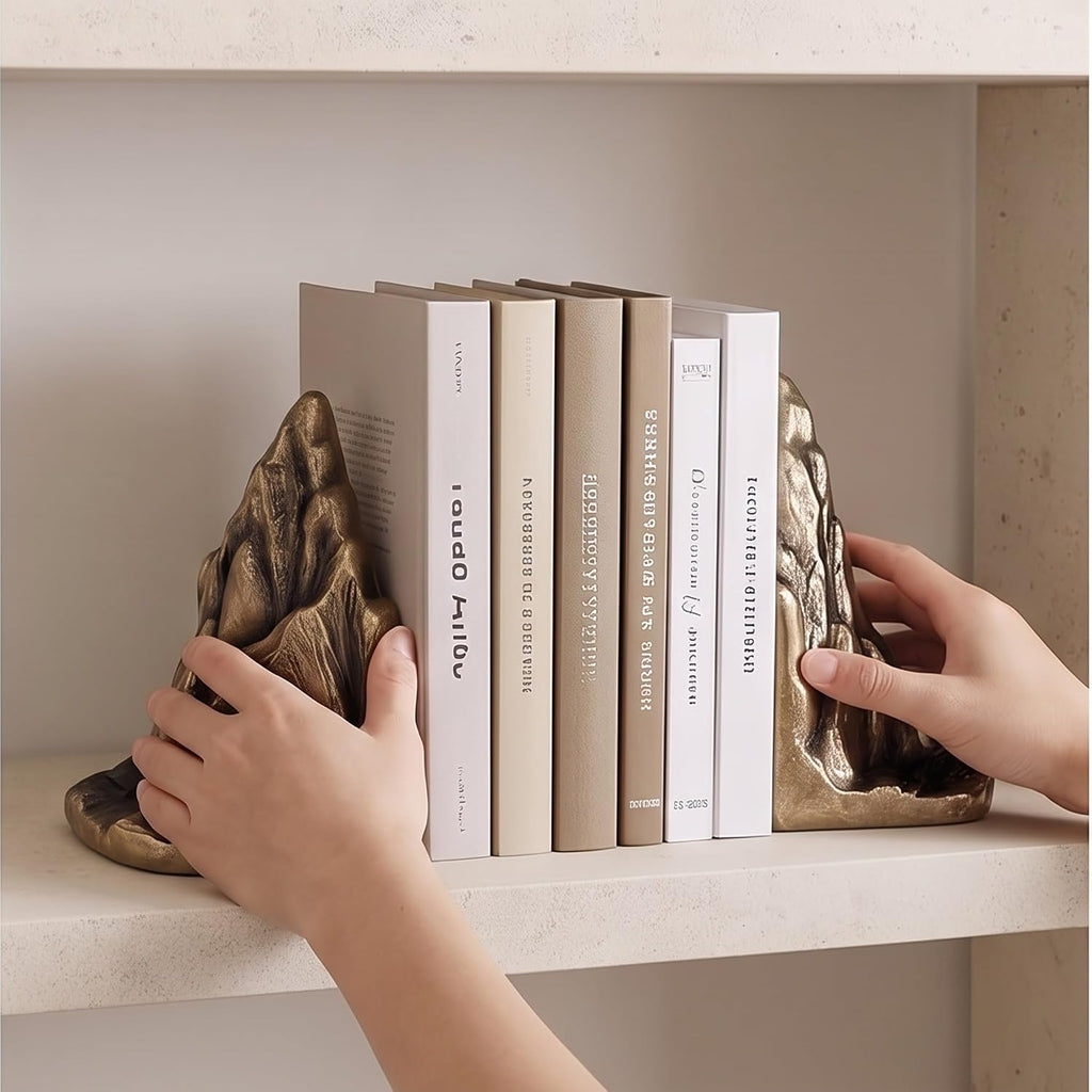 Mountain Bookends Set of 2, Resin Rock Bookends with Painted Finish, Decorative Mountain Shelf Decor for Bookshelf