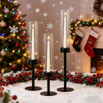 Black Taper Candle Holder Set with Glass Hurricane - Modern Candlestick Holders, Premium Gift Set for Wedding, Fall