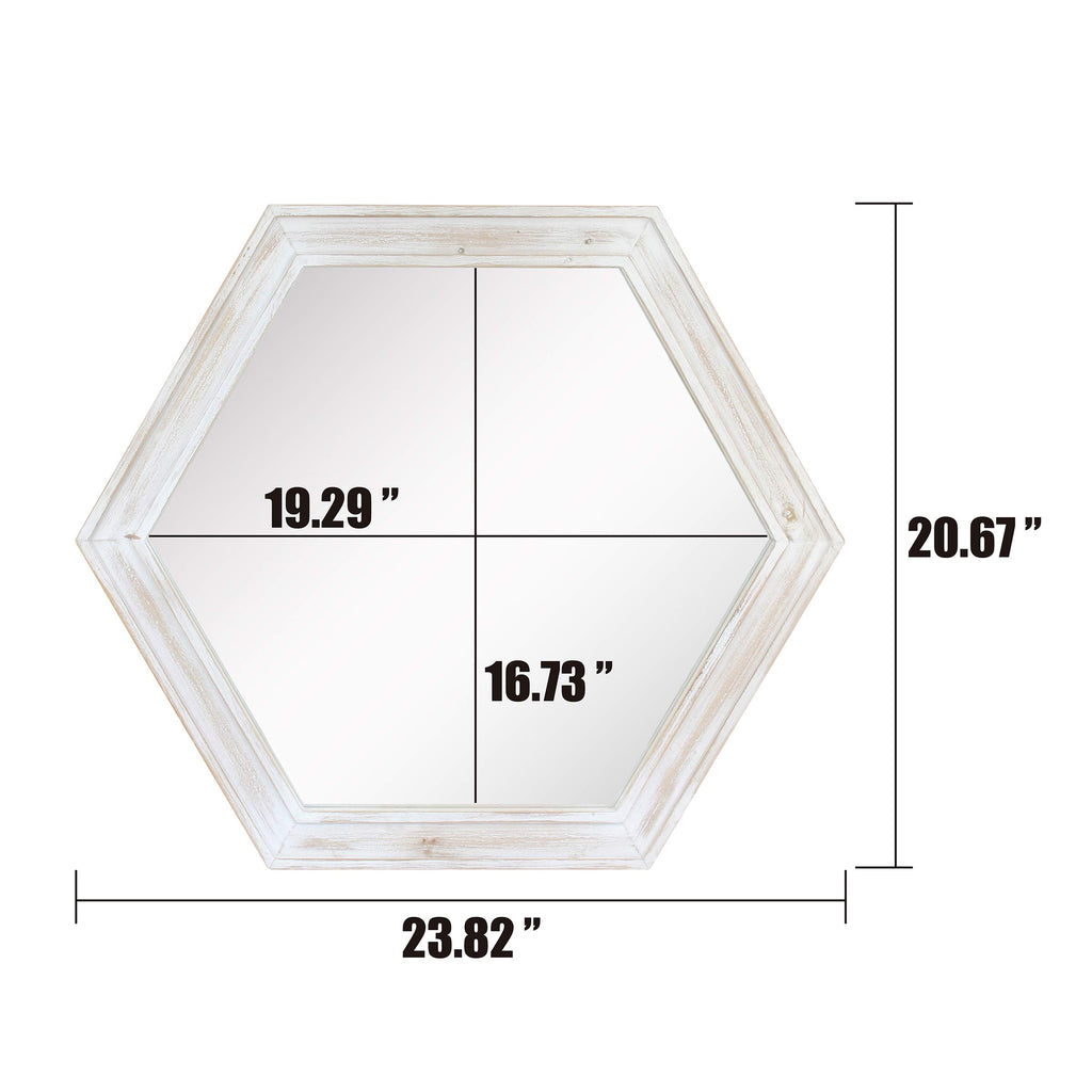 Decorative 24" Hexagon Wall Mirror with Worn White Wood Frame and Attached Hanging Bracket, Decorative Country Rustic