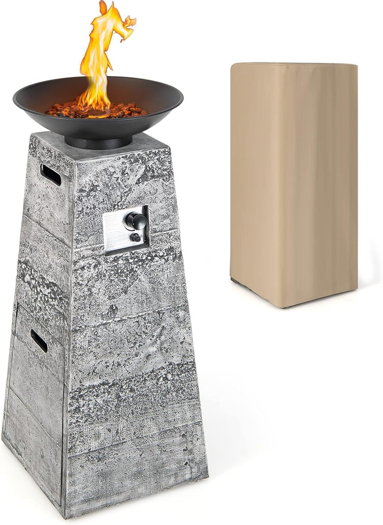 Propane Fire Bowl Column, Outdoor Burning Fire Bowl W/Lava Rocks & PVC Cover, 30,000 BTU Heat Output