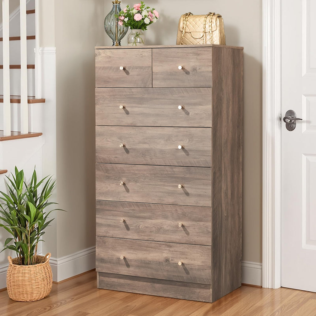 Grey 7 Drawer Tall, Rustic Wood Bedroom Dressers
