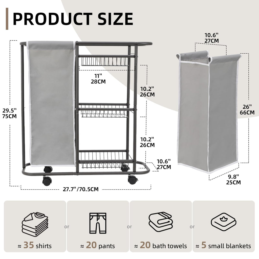 Skinny 3-Tier Rolling Laundry Cart with Wheels 45L Small Space, Grey